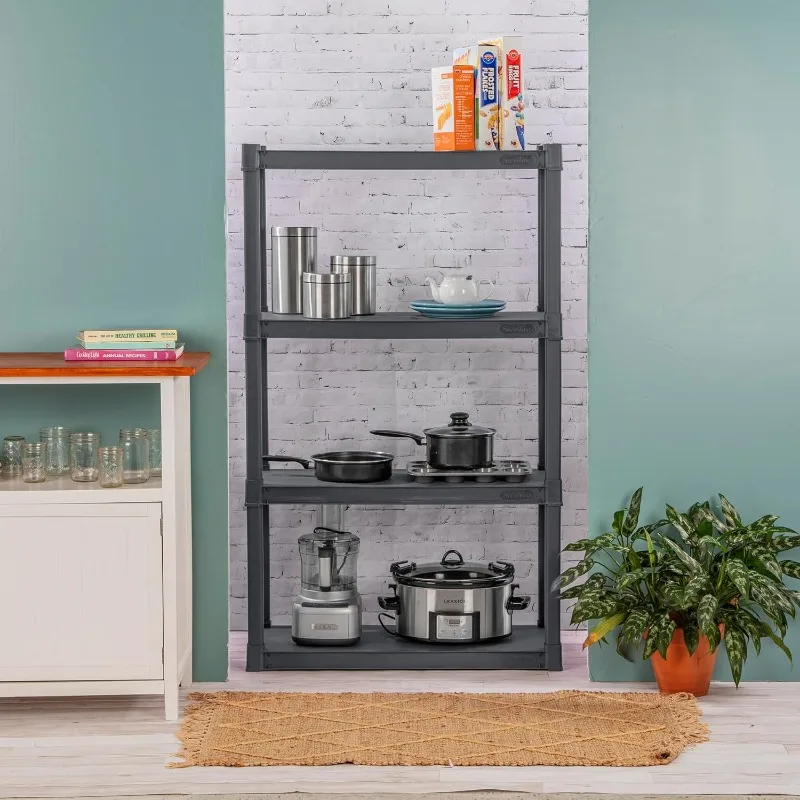 Sterilite 4 Shelf Unit, Heavy Duty and Easy to Assemble Plastic Storage Unit, Organize Bins in The Garage, Basement, Attic