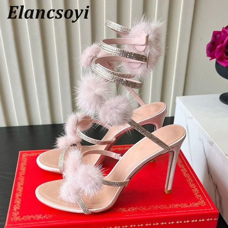 Sexy Stiletto Sandals Women Bling Rhinestone Fur Ball Decor Ankle Snake Shaped Winding Prom Shoes Summer High Heels Sandalias