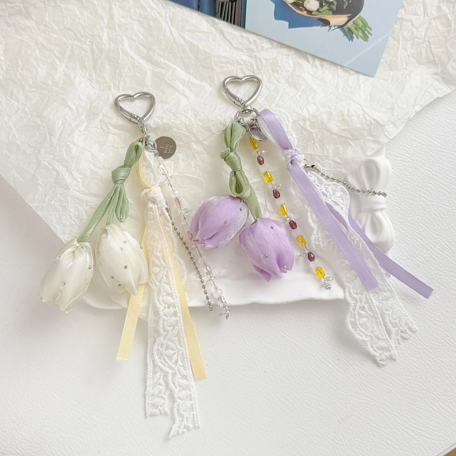 Sweet Miu Series Tulip Bow Phone Charm Korean Style Fresh Floral Keychain Cute Bag Pendant Versatile Daily Decor Accessories