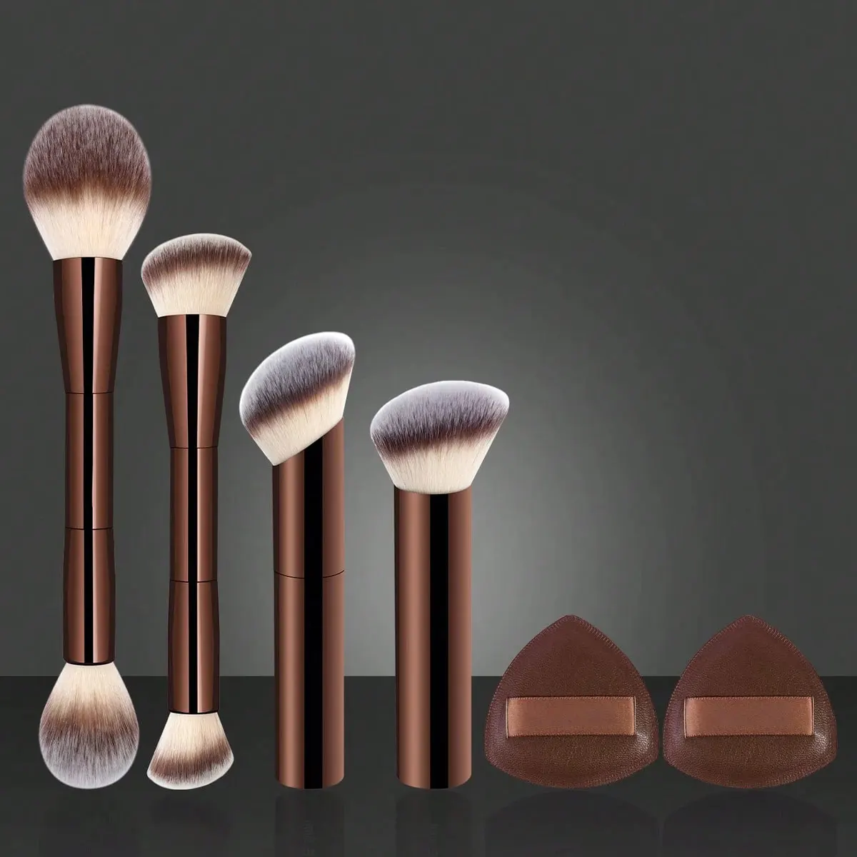 4 ชิ้น Facial อลูมิเนียมแปรงแต่งหน้าและ 2 ชิ้นสามเหลี่ยม Air Cushion แป้งพัฟ, แปรงรองพื้น Contour แปรง double - Ende