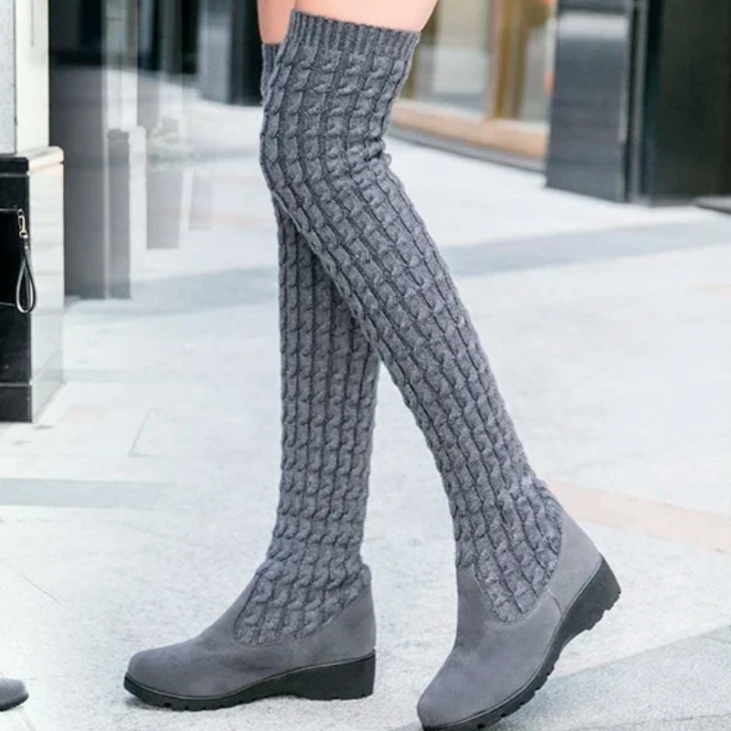 Cuissardes en laine à tissage ogo pour femmes, bottes chaussettes longues, bottes élastiques au genou, bottes compensées, printemps, automne, 2024