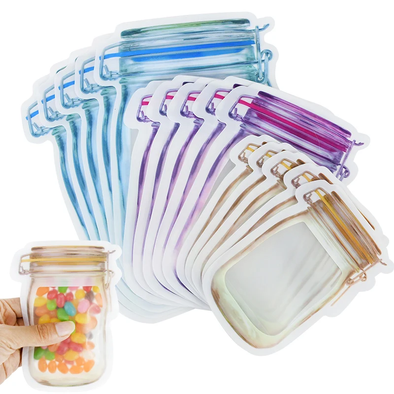 

5/10Pcs Reusable Mason Jar Bottle Bag Freezer Food Storage Candy Snacks Zipper Bag For Travel Kitchen Organizer Sealed Fresh Bag