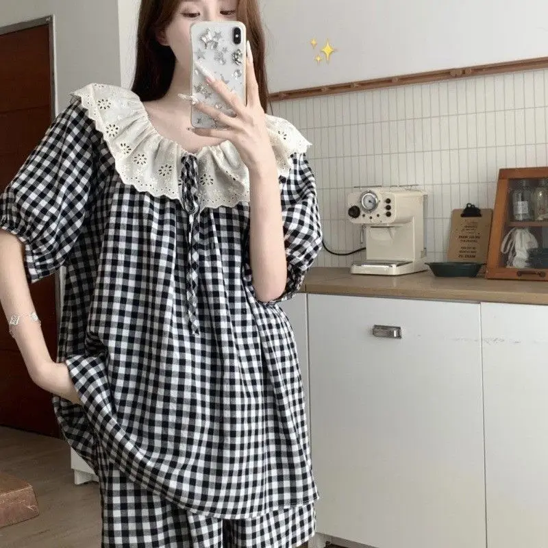 

Pajama Sets Women's Summer Pullover Korean Style Plaid Shorts Shorts Comfortable Home Clothes Two-piece Pajamas New Nightgown