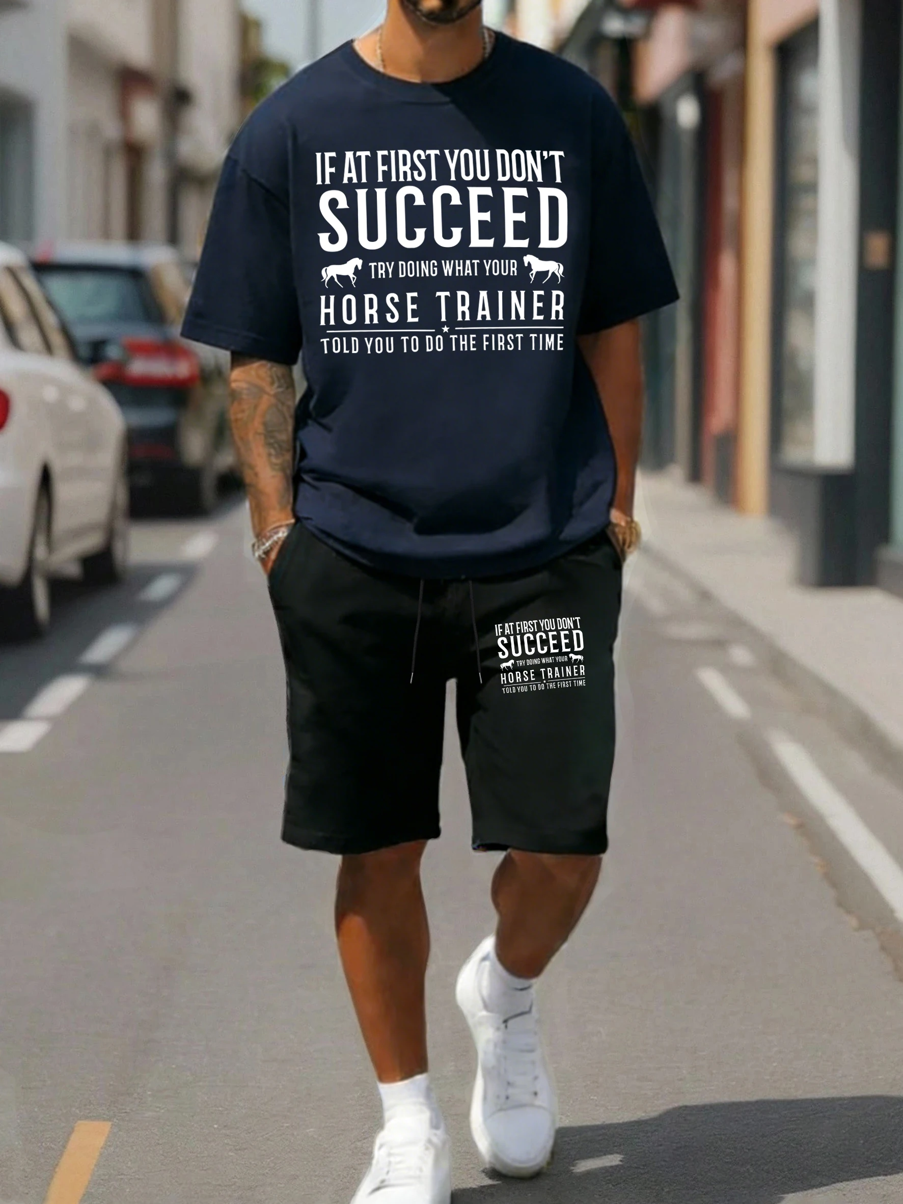 

If At First You Don'T Succeed Horse Men Sportsuit Cotton All-Match Tee Drawstring Shorts Summer Unisex Loose Cotton Clothing