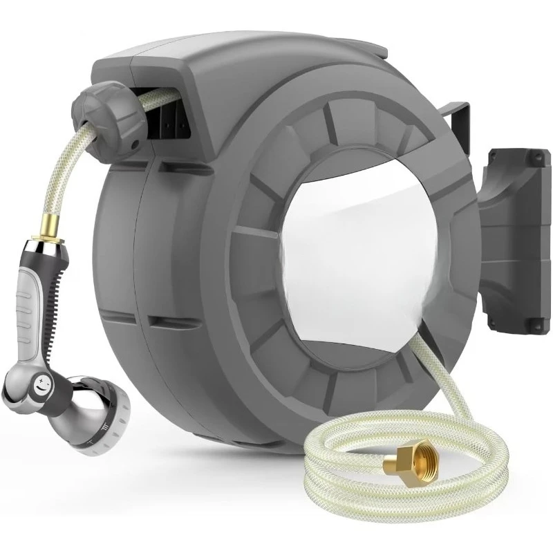 

Garden Hose Reel, 1/2 in x 100 ft Wall Mounted Hose Reel, 10-Pattern Spray Nozzle, Any Length Lock/Slow Return Syste