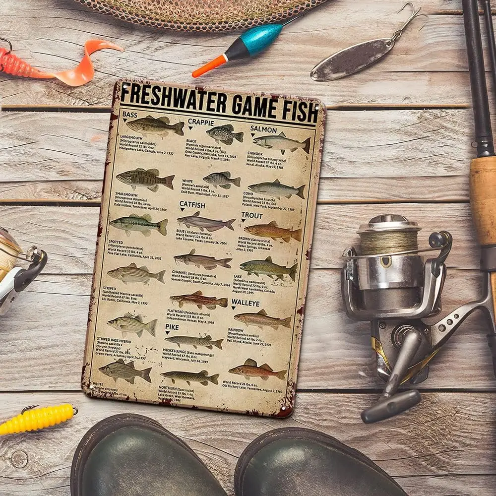 Fishing Decor Retro Tin Signs- Fish Decor Freshwater Game Fish - Vintage Fishing Wall Decor Lake House Decor Hunting