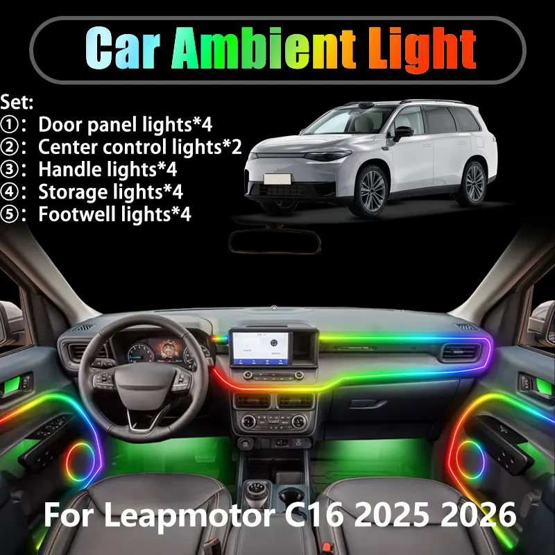 

For Leapmotor C16 2025 2026 2/18 in 1 Car ambient lighting Led trunk interior led lights USB RGB Ensemble Streamer Auto Parts