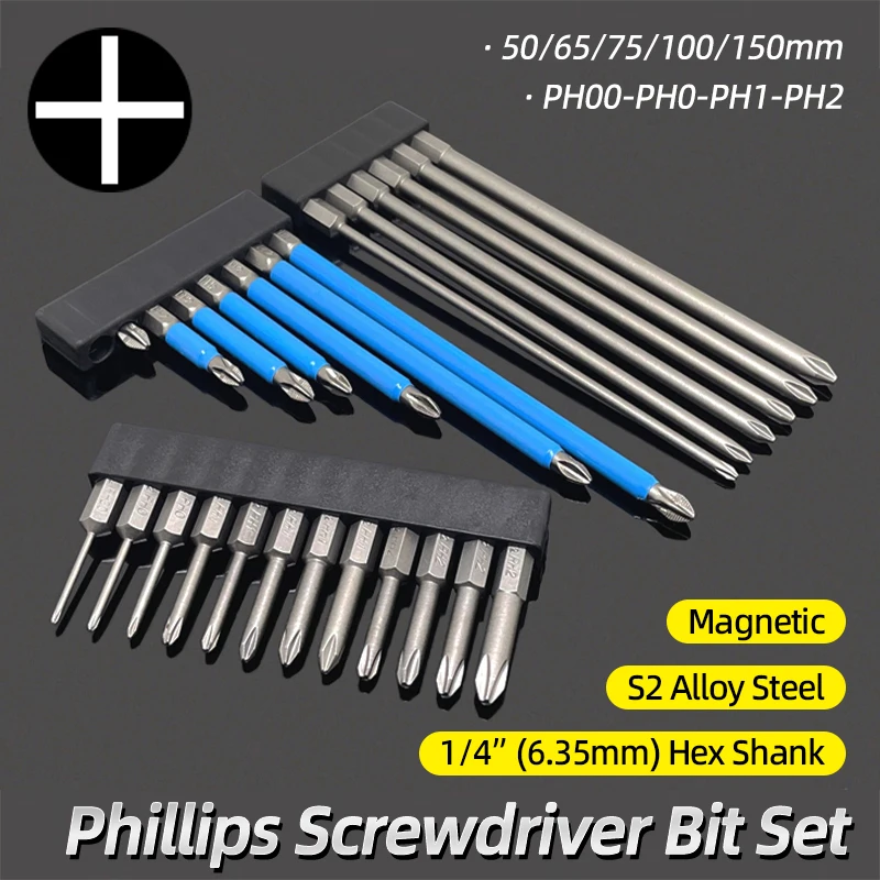 Phillips Screwdriver Bits Cross Head Magnetic Screwdrivers PH00 PH1 PH2 S2 Alloy Steel Hex Shank Hand Tools 50/75/100/150mm