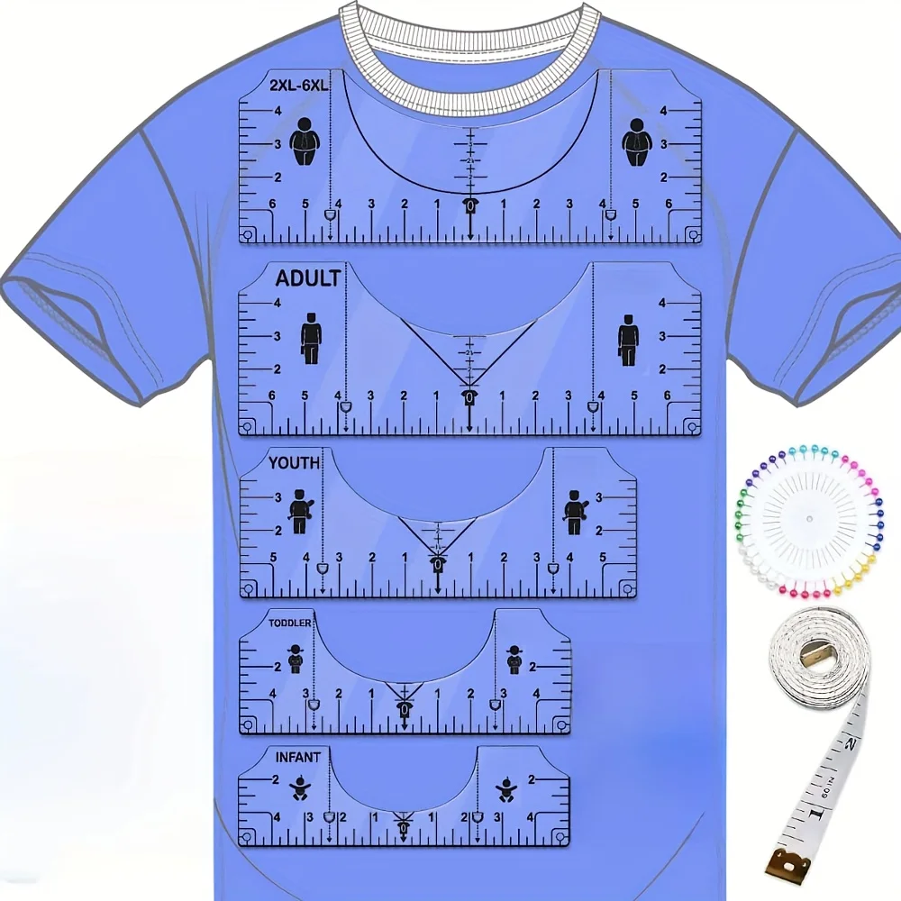 7Pcs T-Shirt Alignment Ruler Tool, PVC Vinyl Heat Press Guide for V-Neck & Round Neck, Front/Back Centering Tools for All Sizes