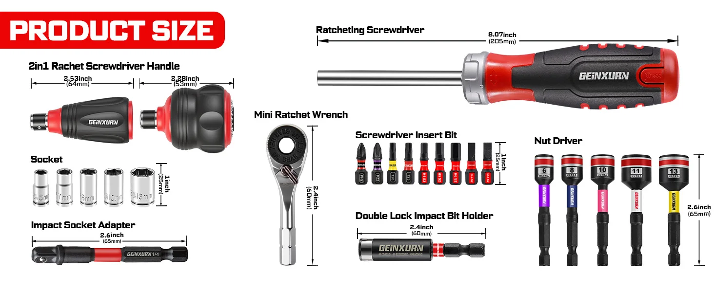 Geinxurn Ratschenschraubendreher-Set, 1/4-Zoll-Mischbit-Set mit Schraubenschlüssel, Steckschlüsseln und Mutternschraubern für Heimwerker – Detail 2
