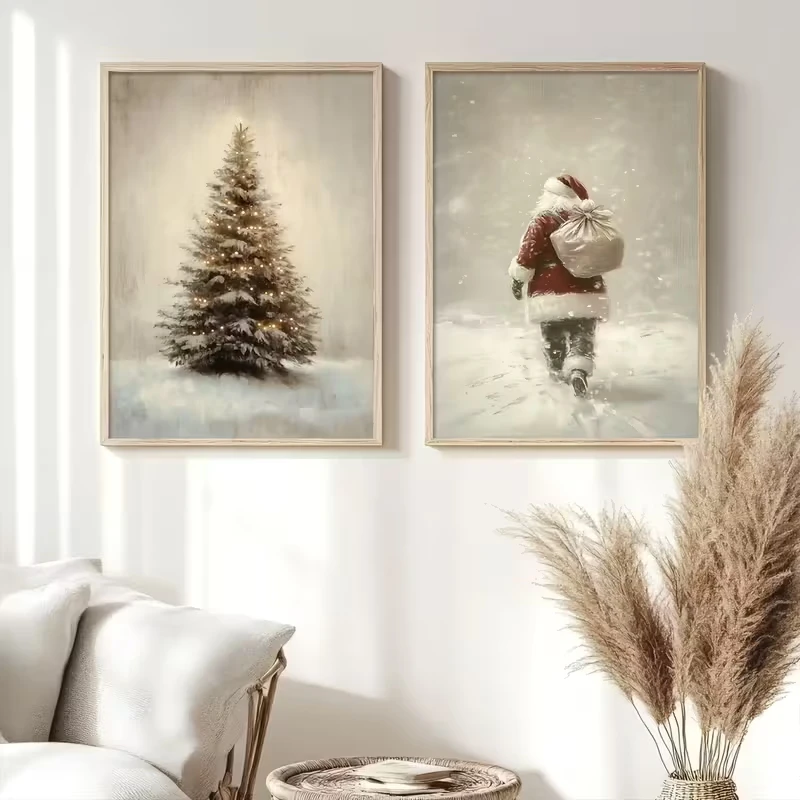 

2pcs Christmas Canvas Poster Picture Wall Art Decorative Painting, Retro Winter Festival Painting, New Year Gift Home Decoration