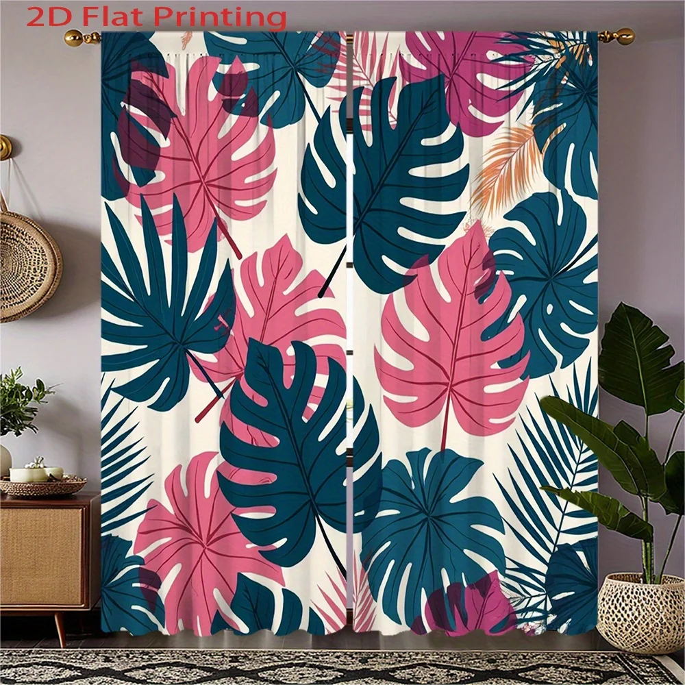 

2pc Tropical leaf pattern curtains, made of polyester fabric, machine washable, suitable for living room and bedroom décor.