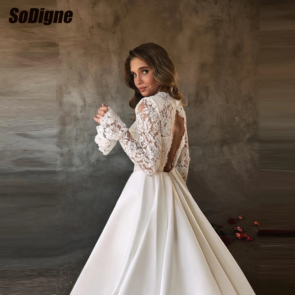 

Свадебное платье SoDigne А-силуэта из атласа/кружева с длинными рукавами, для церемоний в церкви, женское длинное свадебное платье, индивидуальный пошив