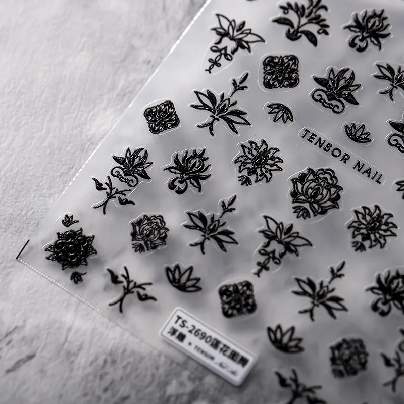 Black White Lotus Totems 5D Soft Embossed Reliefs Self Adhesive Nail Art Decorations Stickers Chic 3D Manicure Decals Wholesale