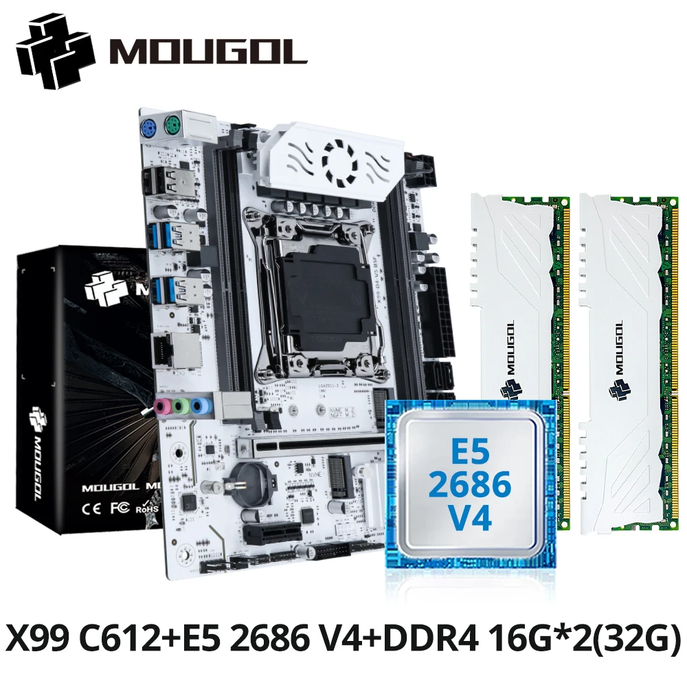 

MOUGOL X99 Gaming Motherboard Set with E5 2686 V4 CPU & DDR4 32G (2*16G)2133MHz RAM NVME PCIE3.0 TPM2.0 Pin for Desktop Computer