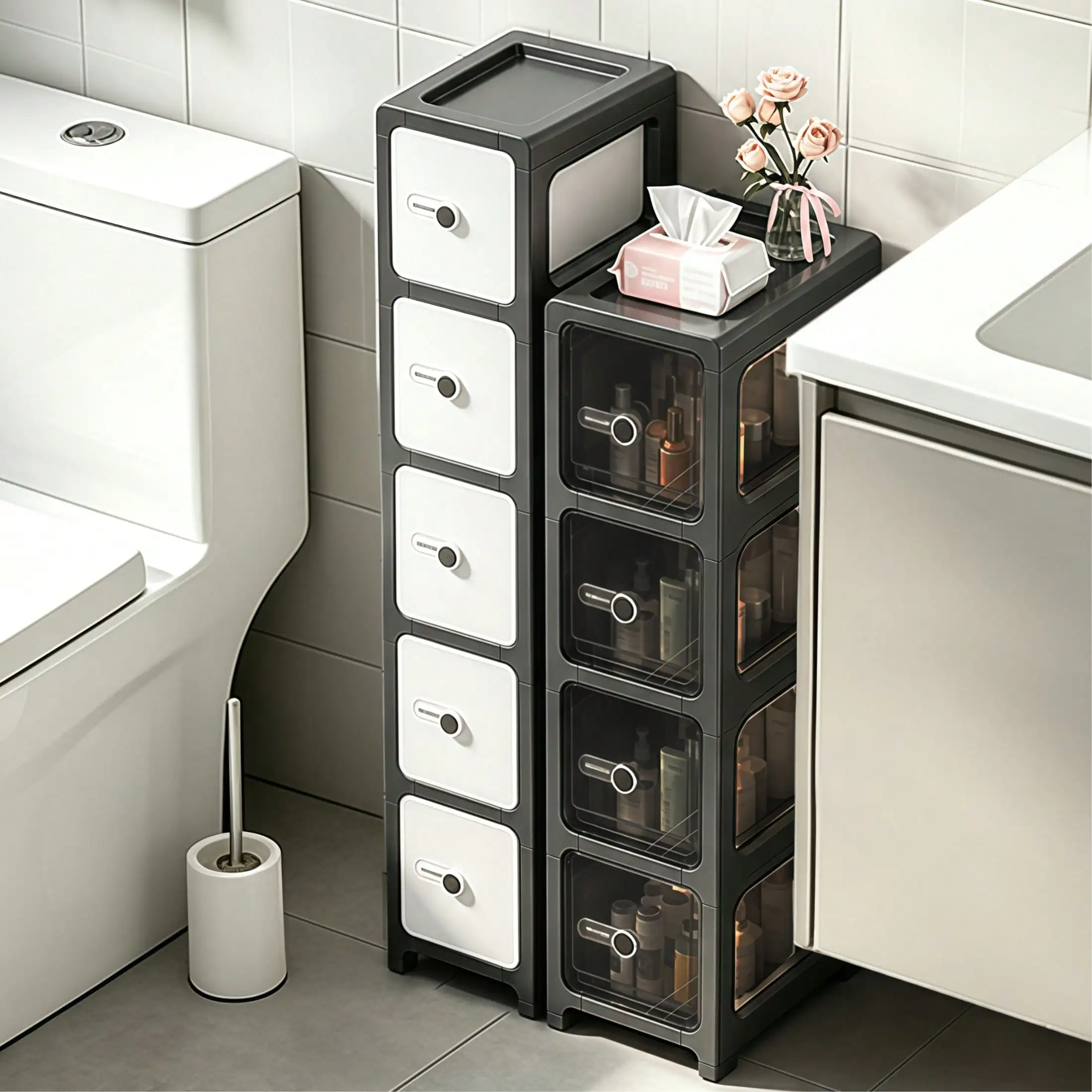 7 Layer Drawer Type Storage Cabinet Slim Organizer With Casters Clear Opaque Plastic Drawers Narrow Floor Standing Tower Shelf For Bathroom Bedroom Kitchen Small Spaces 17cm/6.69in Width Modern White