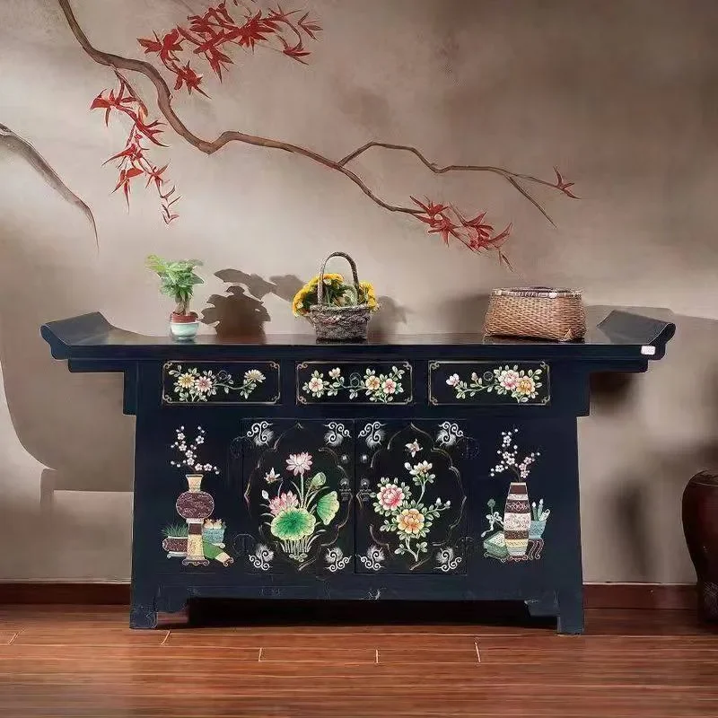 for Neoclassical Chinese Entrance Decorative Cabinet Dining Side Cabinet Antique Solid Wood Painted Warped Head Shoe Cabinet