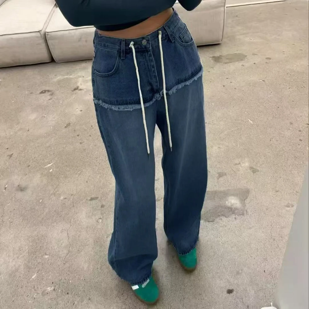High-Waist Drawstring Denim Jeans Women's Fashion Casual Summer Pants Wide Leg patchwork Fluffy Hemmed Design Slimming Pants