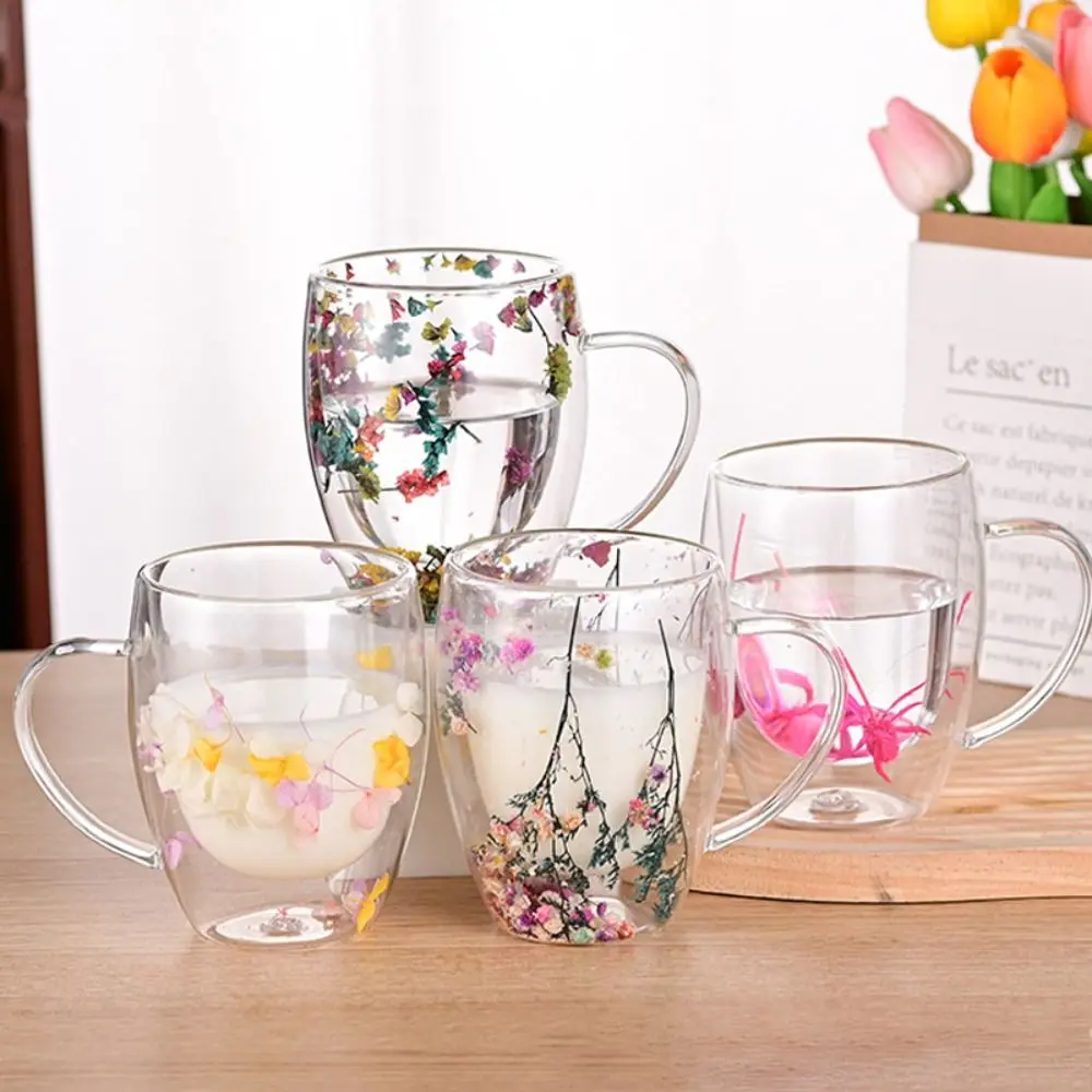 Floral Dry Flowers Cup Simple Heat Resistant Double Wall Glass Cup INS Trends High Borosilicate Glass Tea Coffee Cups