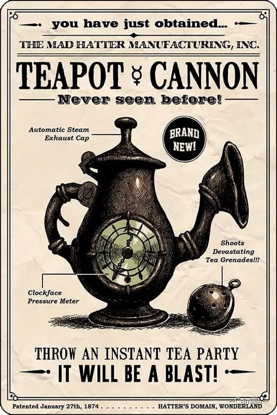 Alice Madness Returns's Teapot Cannon Poster 8 x 12 Inch Funny Metal Tin Sign Game Room Man Cave Wall Decor