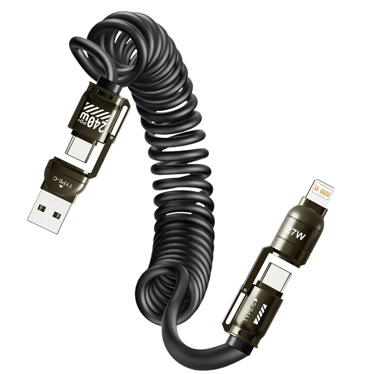 240W Fast Charging 4-in-1 Spring Car Data Cable Compatible with CarPlay for iPhone Samsung Huawei Xiaomi iPad USB C Charger Cord