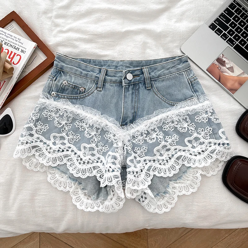 Women's 2025 Spring and Summer New Fashion Sexy Hot Girl Slim A-shaped Wide-leg Hot Pants Sweet Lace Splicing Denim Shorts