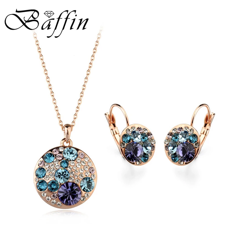 

BAFFIN Rose Gold Color Austria Crystals Jewelry Sets Round Pendant Necklaces Drop Earrings For Women Girls Cute Christmas
