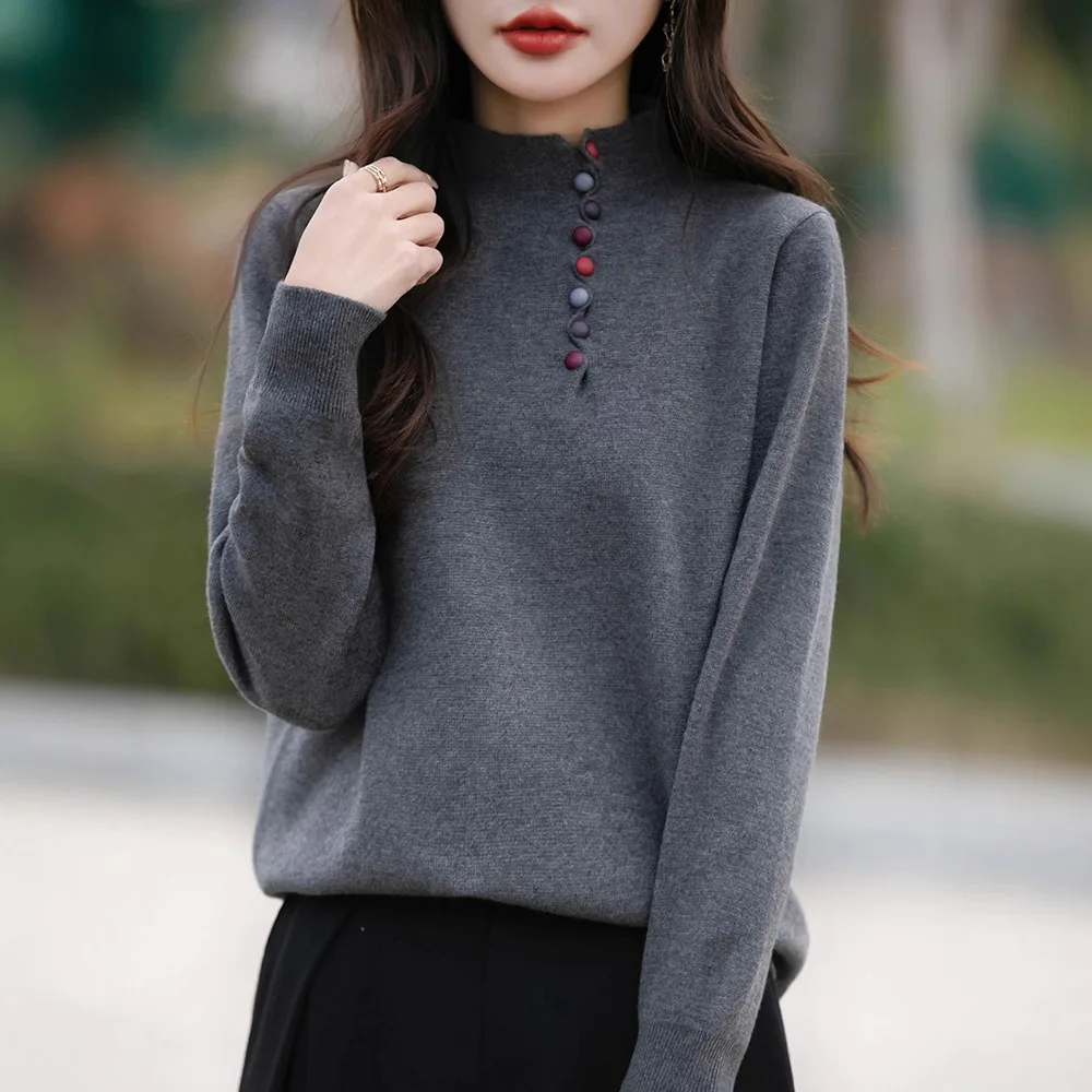 

Women's Autumn Winter Long Sleeve Top Comfortable Casual Korean Style Sweater Loose Fit Color Button Half High Neck Knitwear