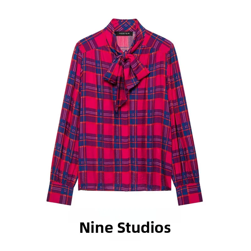 Casual Plaid Long Sleeve Shirt Women's Fashion  Knot Decorated Versatile Top European Style A-Line Sleeve Other Mate...