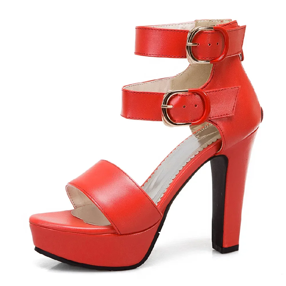 

Plus Size Women Gladiator Platform Sandals High Chunky Heels Red Yellow Party Office Lady Summer Double Ankle Strap Zipper Shoes
