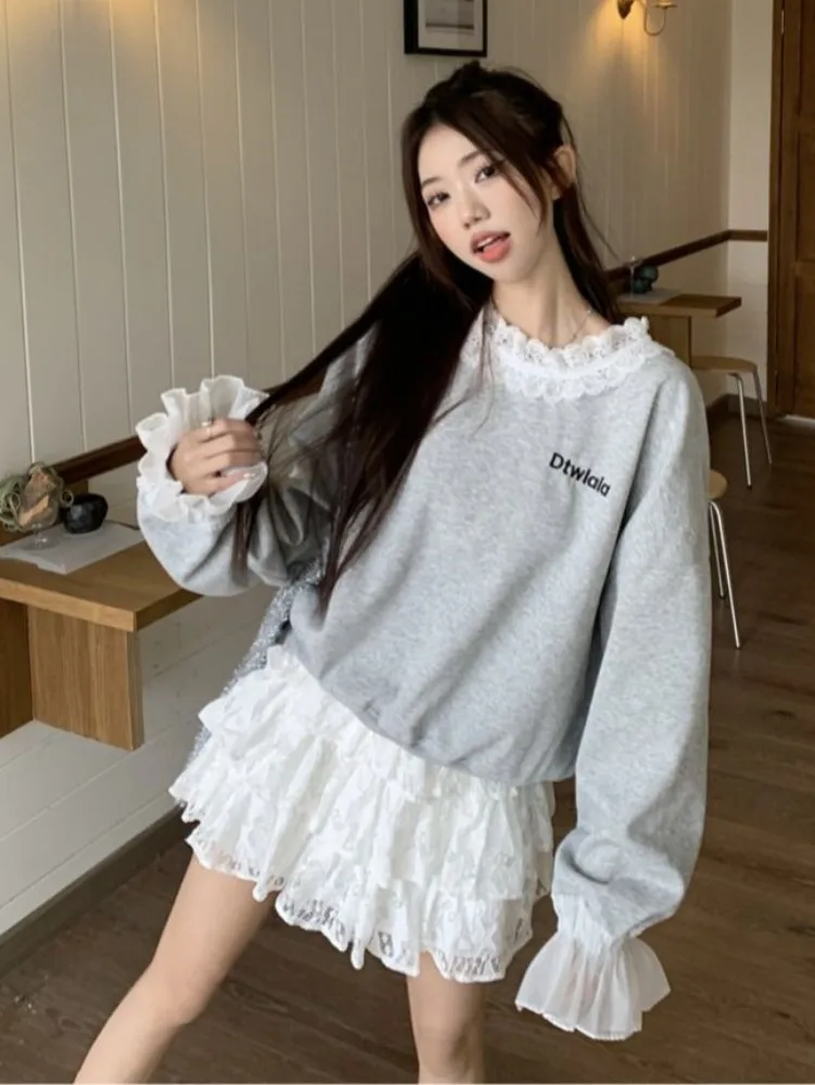 Deeptown Korean Fashion Sweatshirts Women Kpop Sweet Girl Gray Lace Patchwork Hoodies Female Coquette Aesthetic Long Sleeve Tops