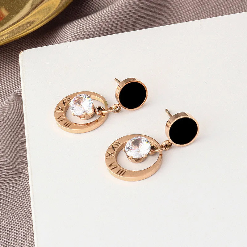 OIMG 316L Stainless Steel Rose Gold Color Metal Roman Numerals Circle Stud Earrings For Women Girls Korean Pendant Earrings