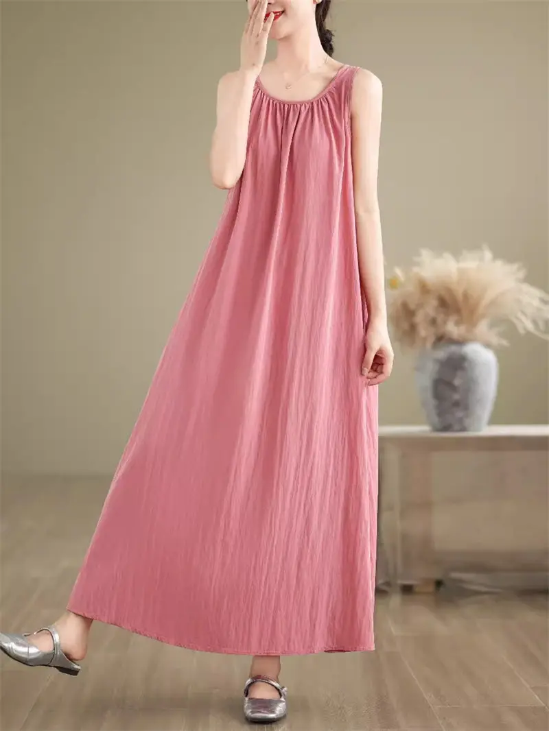 Abito con bretelle in cotone e lino artistico retrò per donna 2024 estate senza maniche grande Swing abito lungo allentato K1604