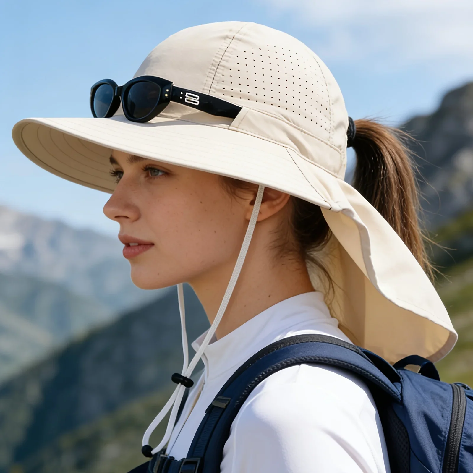 Atmungsaktiver Sonnenschutz-Schal-Sonnenhut für Damen, faltbar, geeignet für Outdoor-Aktivitäten, Wandern, Strandurlaub – Detail 6