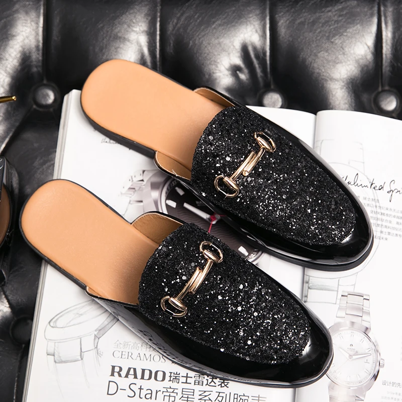 Luxury Men\'s Genuine Leather Shoes Sequins High-end Casual Shoes Comfortable Half Slippers Loafers Men\'s Flat Shoes At Home
