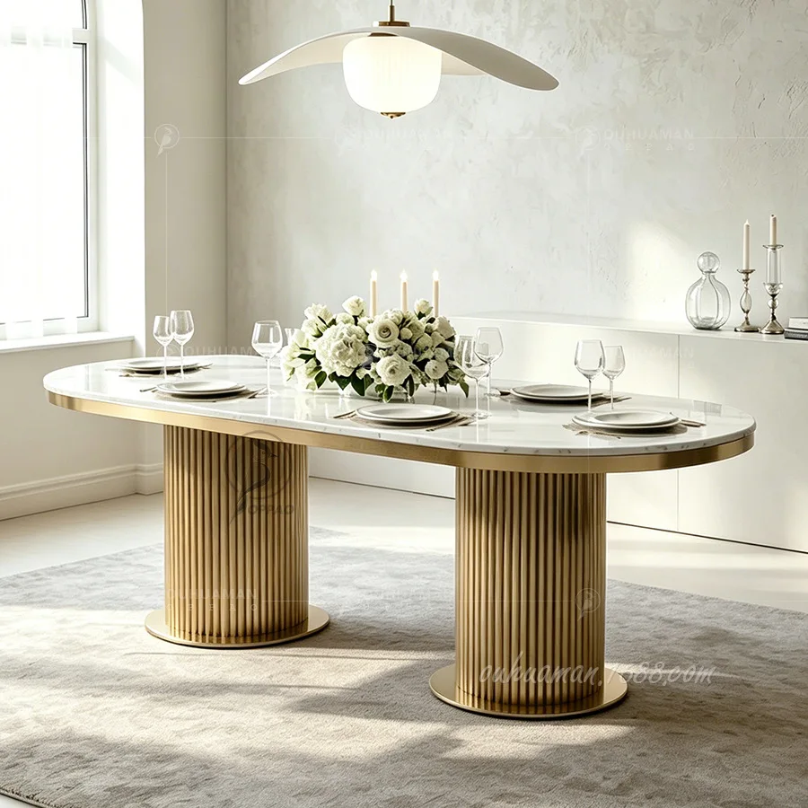 HYS Italian-style hollow stainless steel dining table and chair combo for home and hotel marble dining table, oval glossy