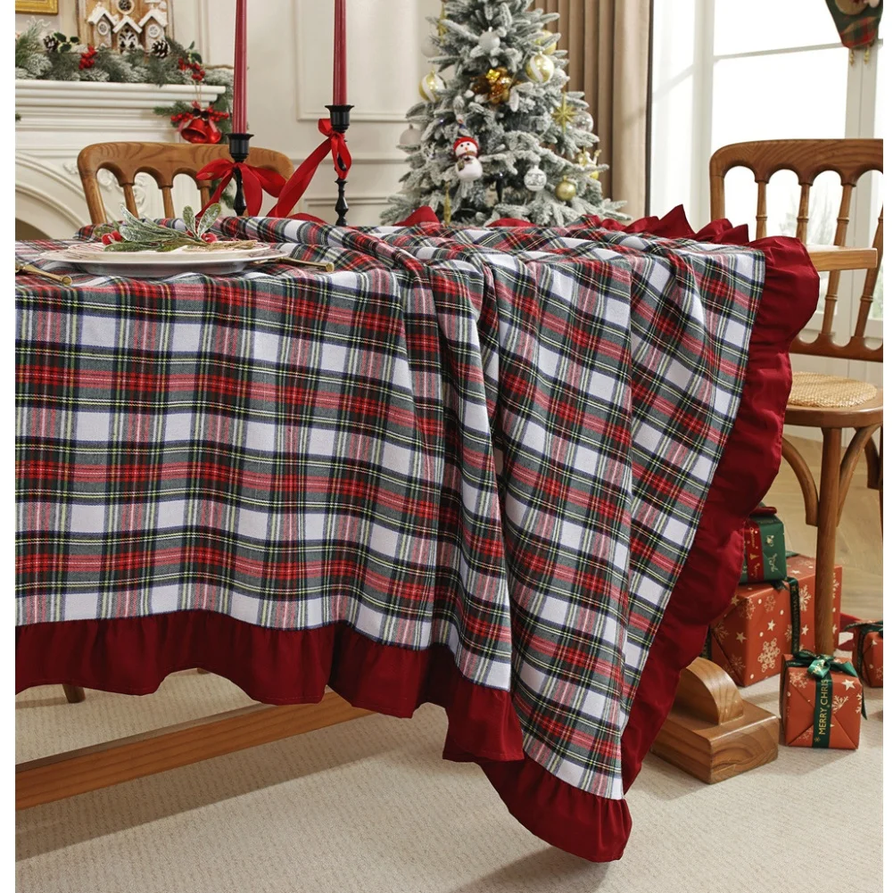Plaid Holiday Tablecloth with Elegant Ruffle Detail for Festive Table Settings Polyester Cotton Fabric Composition