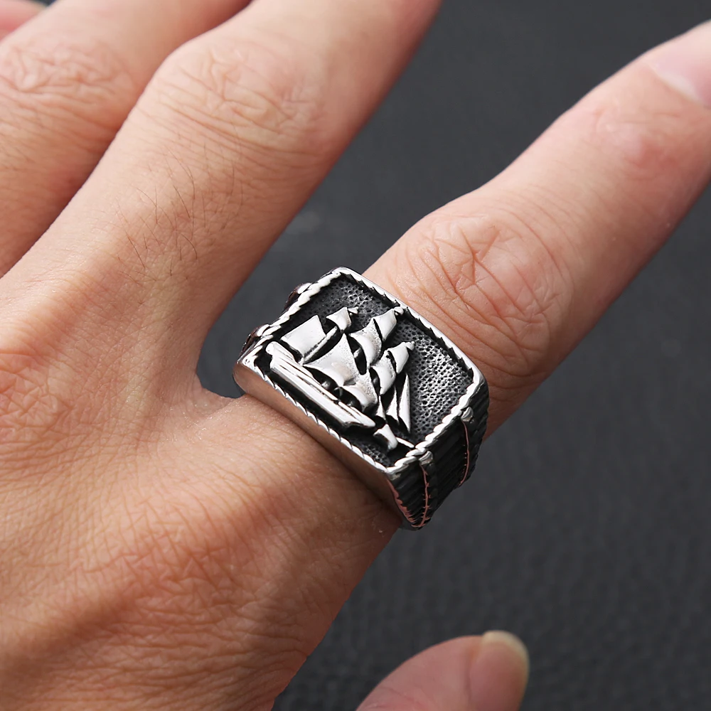 Vintage Viking Pirate Sailboat Ring Men Biker Ring Stainless Steel Viking Ring Sailor Lucky Amulet Jewelry Gift Size 7-15