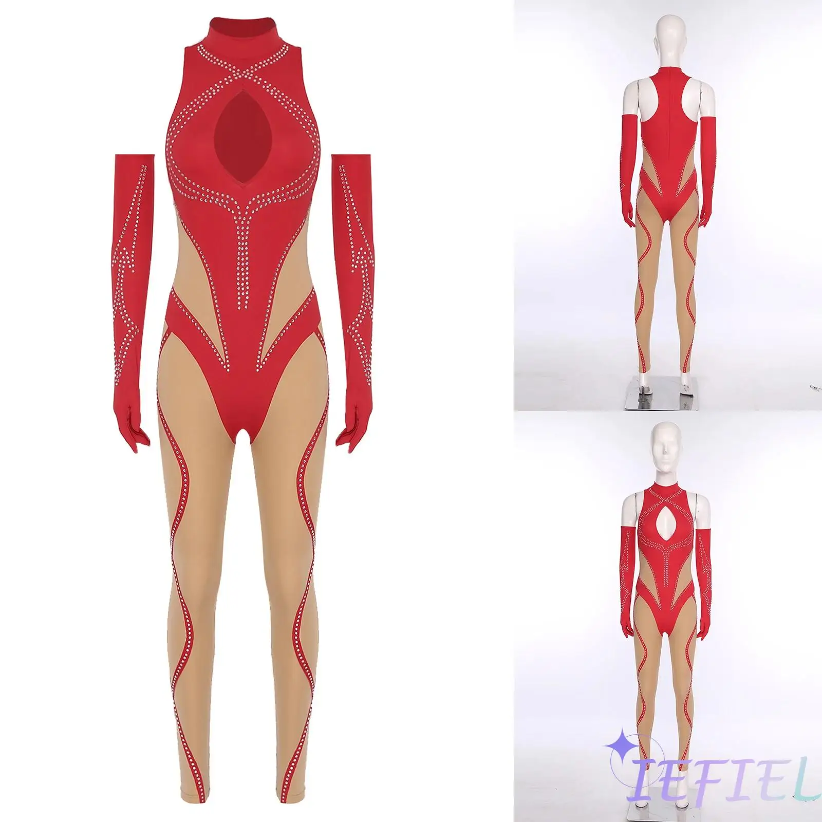 Women Elegant Gymnastics Jumpsuit Set Front Cutout Dance Romper with Matching Long Gloves for Yoga Figure Skating Dancewear