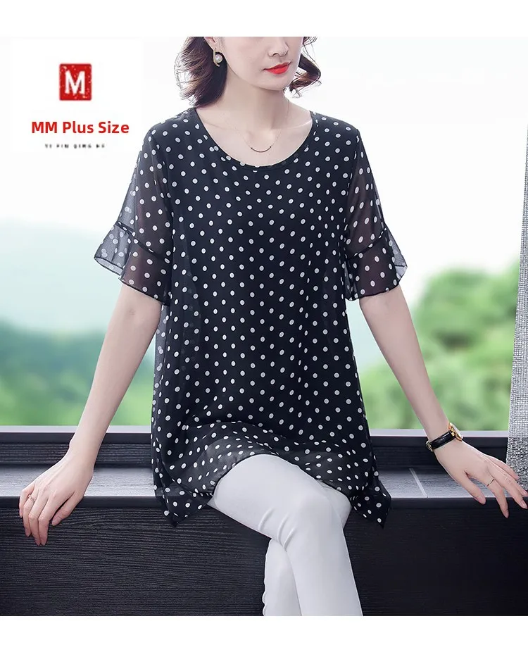 

Женская шифоновая блузка больших размеров с цветочным принтом, средней длины, с коротким рукавом, свободного кроя, из полиэстера, для летнего сезона, с круглым вырезом