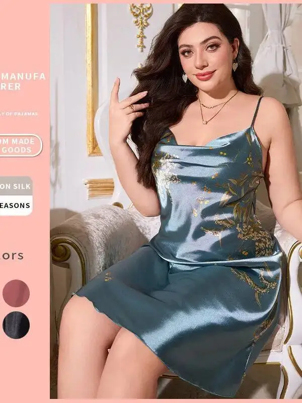 Nuevo vestido de dormir de seda sintética de talla grande para primavera y verano, camisón estampado Sexy para mujer, ropa de casa sencilla, vestido de dormir de seda helada ZV8T