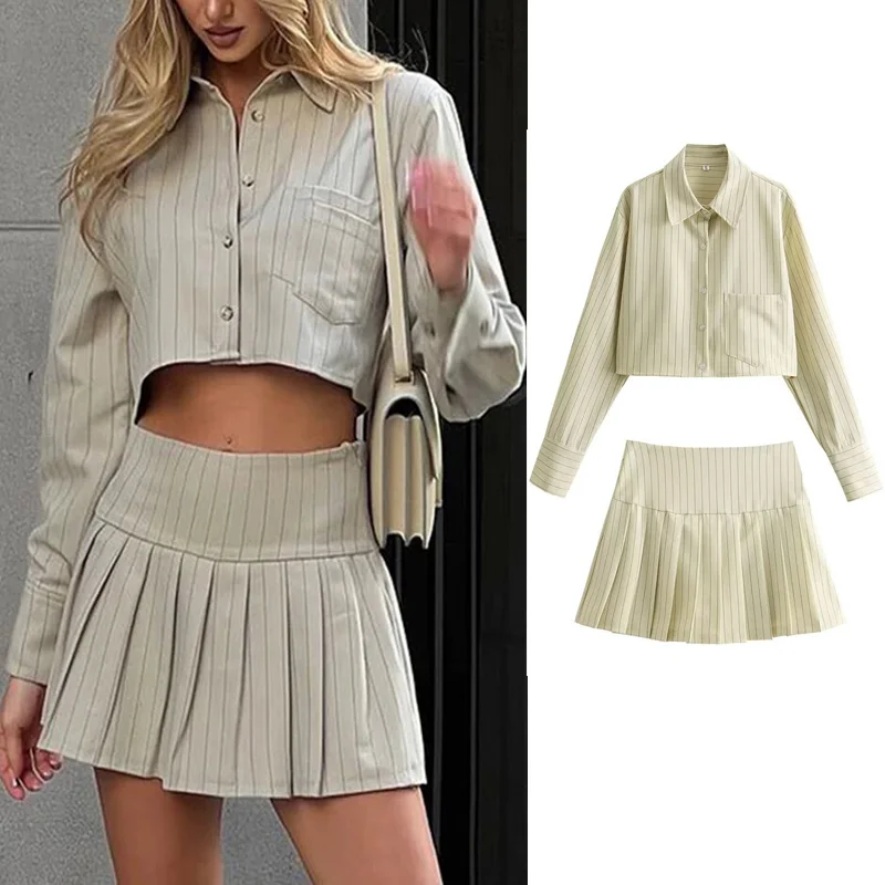 

2024 Summer Y2K Women Striped Shirt Suits Long Sleeve Pocket Loose Crop Top Female Zipper A Line Pleated Mini Skirt Set