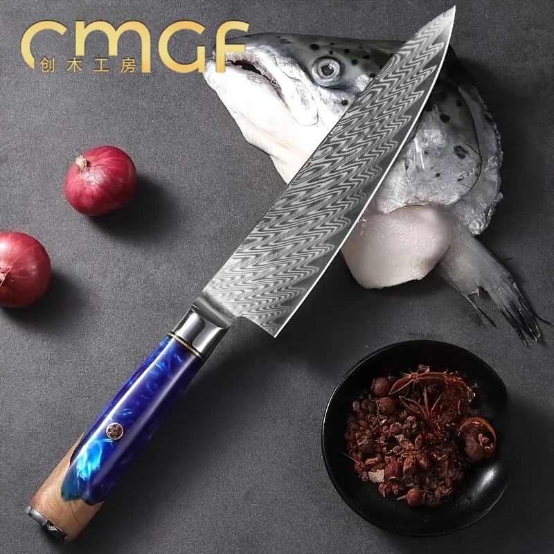 Damascus Fantasy Blue Chef's Knife Gift Boxed Premium Resin Handle Filleting Knives Kitchen Knife C