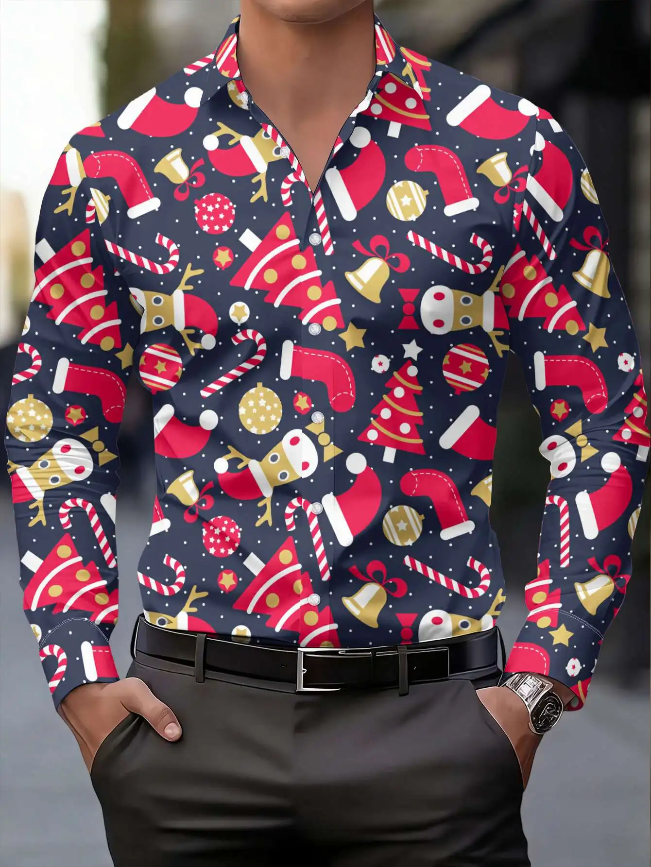 Men Navy Long Sleeve Shirt, Santa Hat Christmas Tree Bell Candy Cane Bauble Print Button Down Xmas Shirt