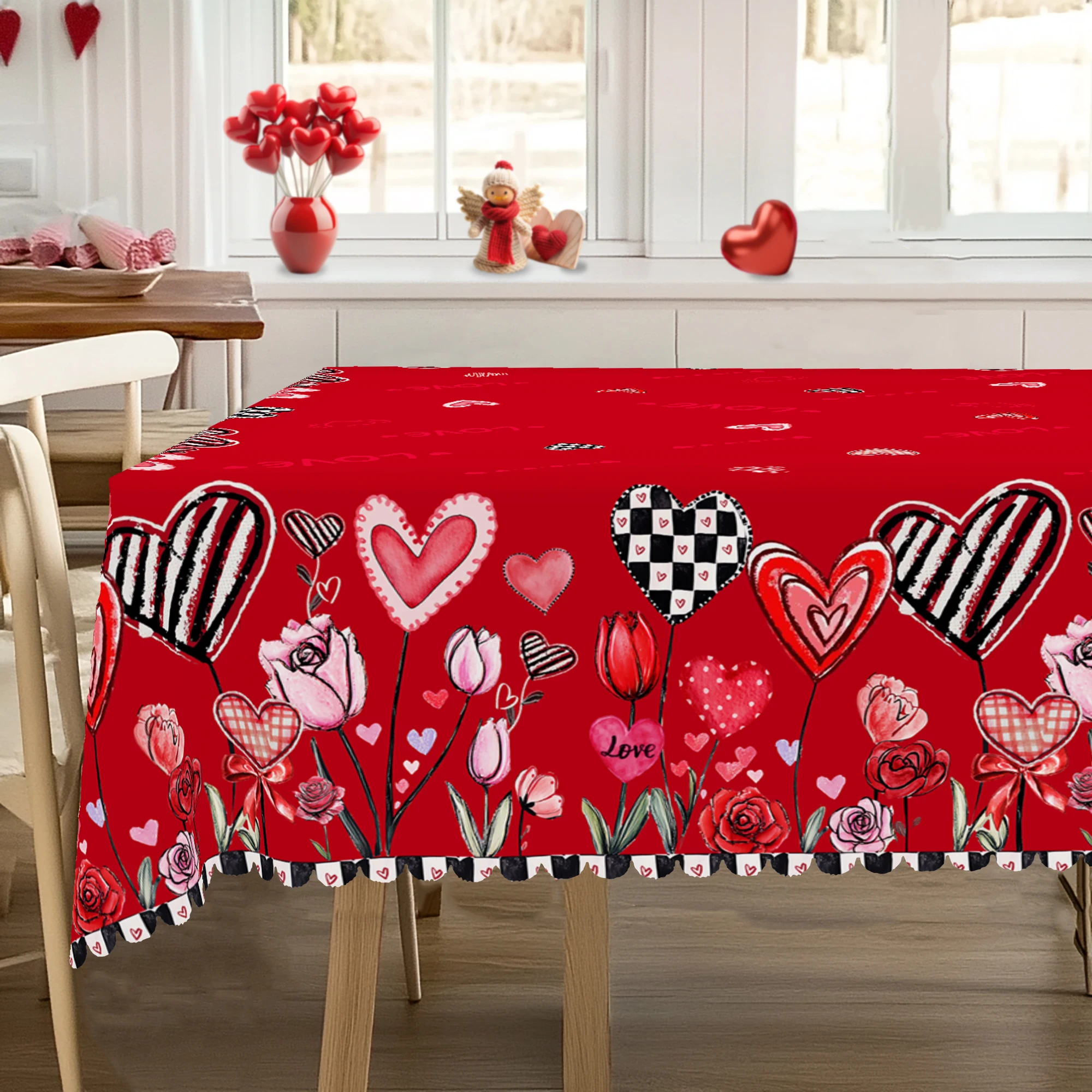 1 Piece Valentine\'s Day Round Tablecloth, 5 Sizes Available, Romantic Heart-Shaped Printed Square Tablecloth, Edge Embossing Process, Wedding Garden