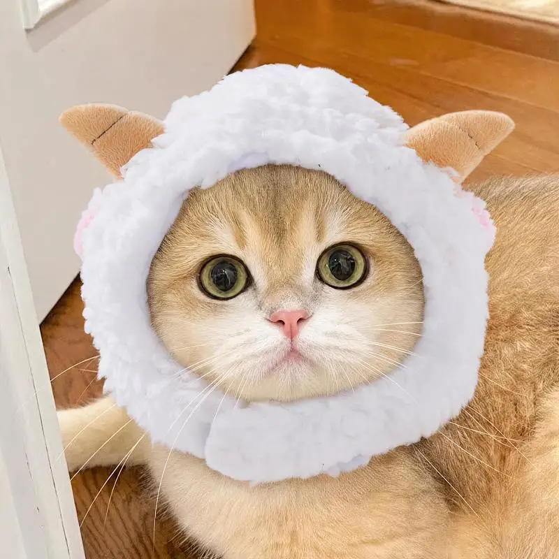 Funny Cat Caps Sheep Plush Pet Head Cover Cute Cat Small Dog Winter Warm Headwear Head Cover Cross Dressing Hat Cosplay Hat