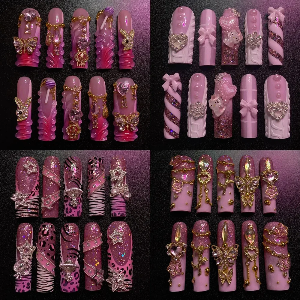 

XL Square Handmade Y2K Press On Nails Pink Chain Diamond Design French Pearl Bow Elegant False Nails Sticker Girl's Party Gift