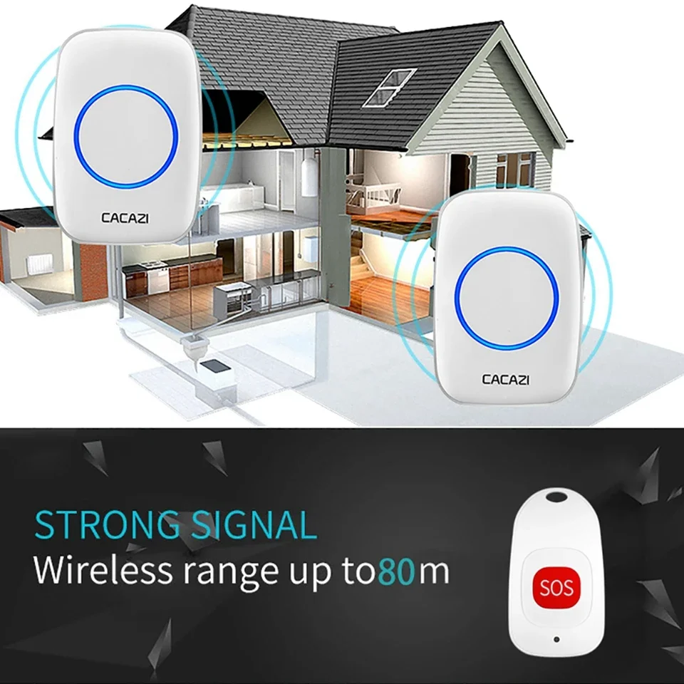 CACAZI Smart Home Wireless Pager Doorbell Old man Patient Emergency Alarm 80m Remote Call Bell SOS Button US EU UK Plug Receiver