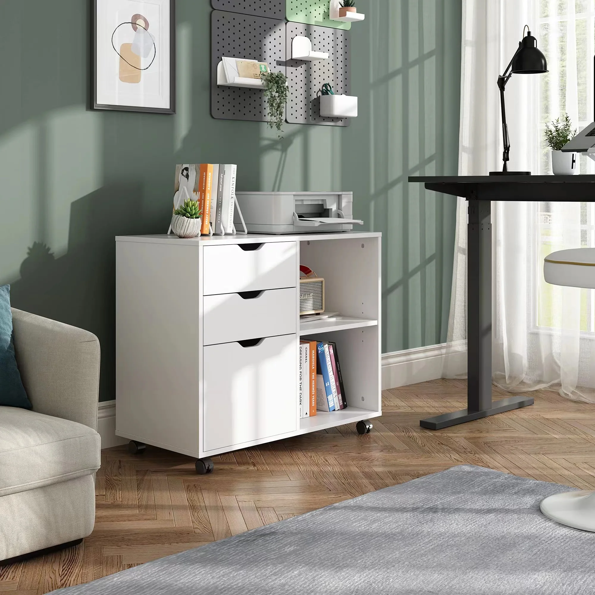 3-Drawer Wood File Cabinet, Mobile Lateral Filing Cabinet, Printer Stand With Open Storage Shelves for Home Office