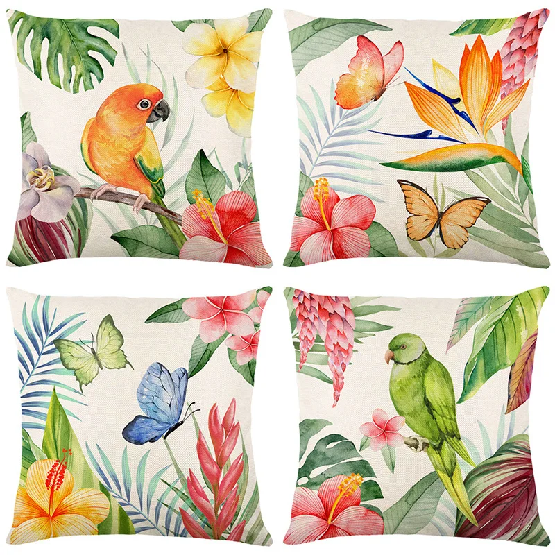 

Flowers and Birds Pillow Cover 45x45cm Sofa Decor Linen Throw Pillow Case Home Decorations Pillowcase Plant Print Cushion Covers